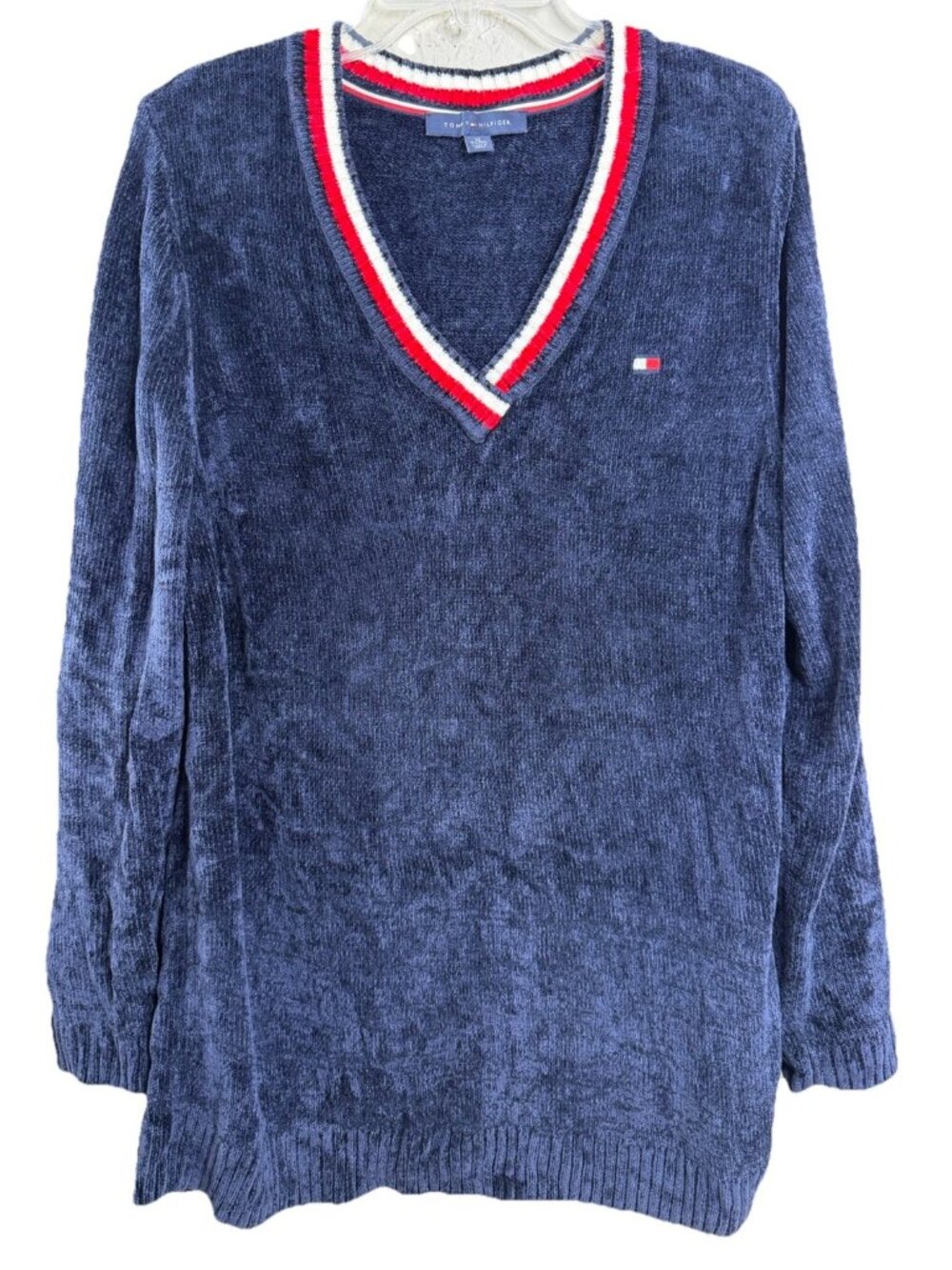 Y2K Style Tommy Hilfiger XL Sweater V Neck Navy Blue Nautical Burnout Soft EUC
